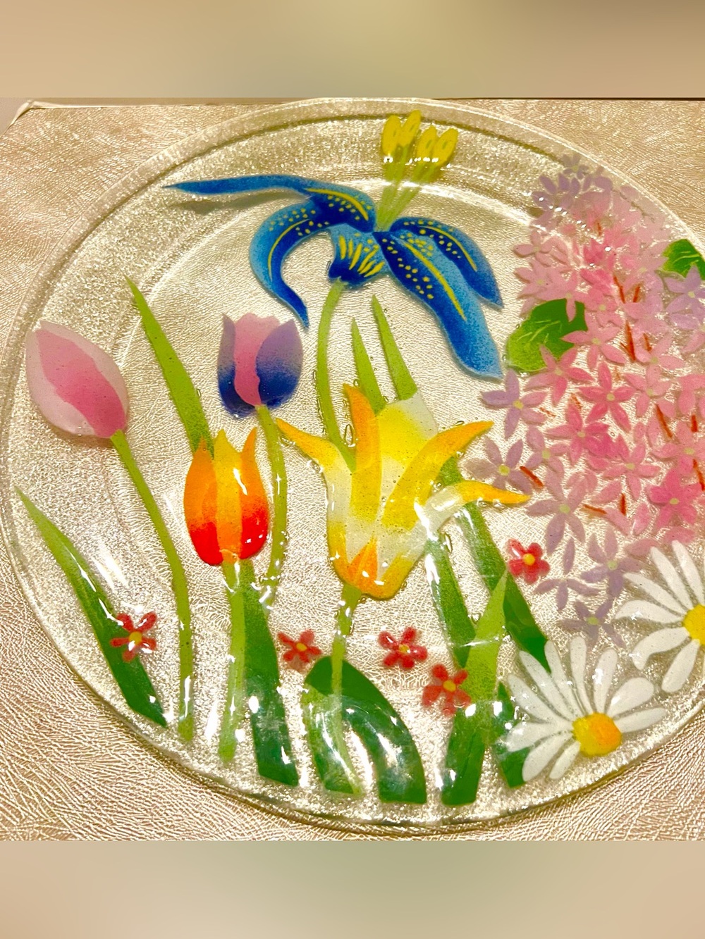 Wm McGrath Art Handcrafted Floral Fused Glass Plate. 12” Blue, Yellow & Pink